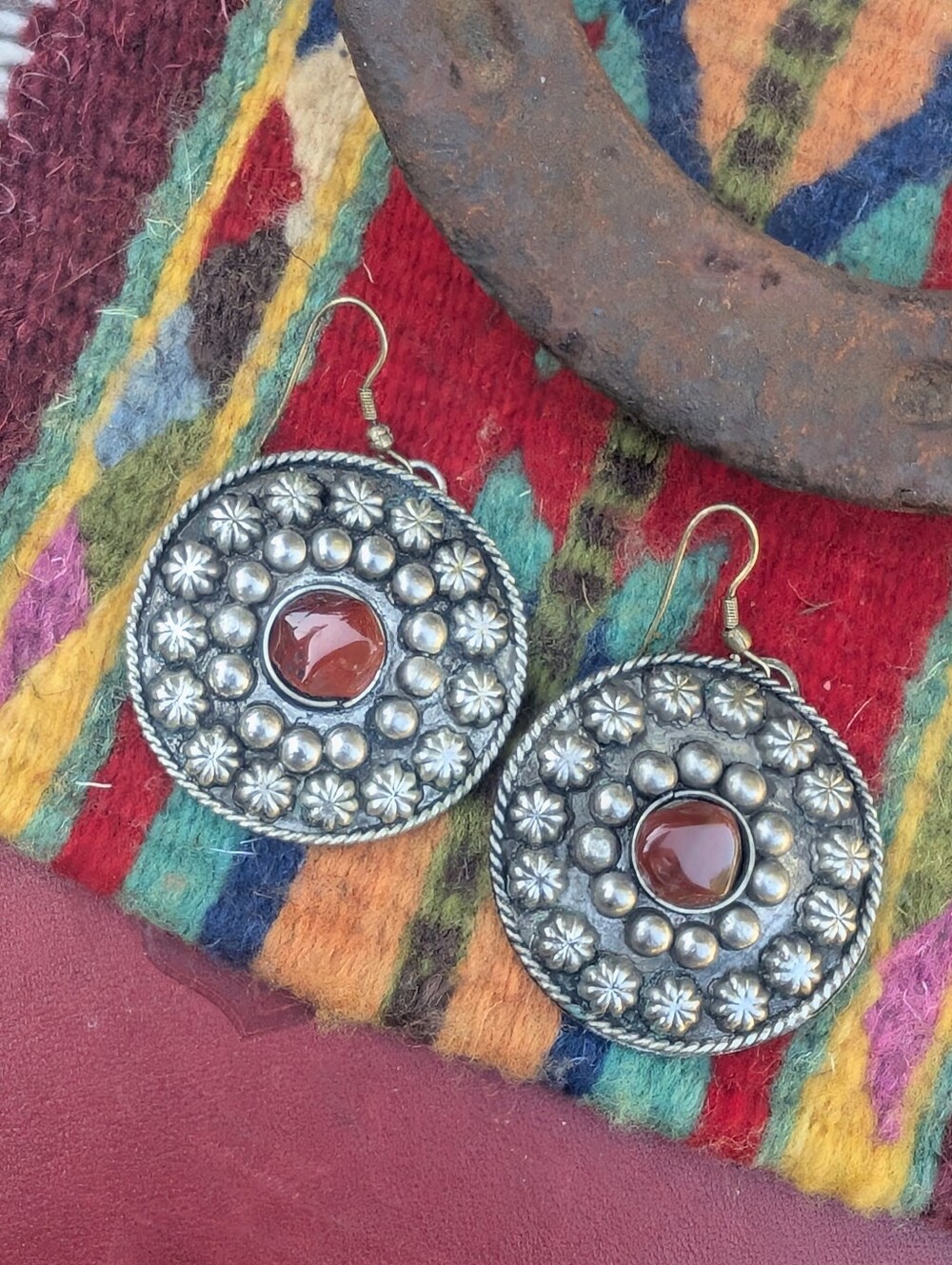 Vintage Handcrafted Silver-Tone Earrings with Carnelian Center